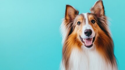 A smiling collie dog against a bright blue background, showcasing its friendly demeanor.