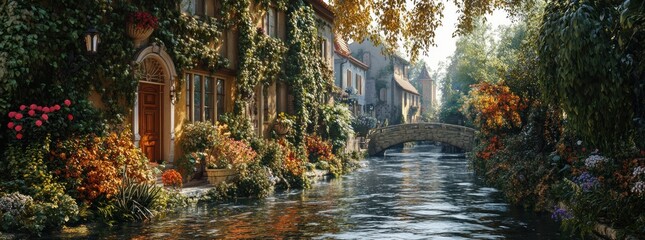 Poster - A serene riverside scene with charming cottages and vibrant foliage.