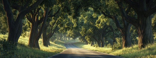 A serene road lined with lush trees, inviting exploration in a peaceful natural setting.