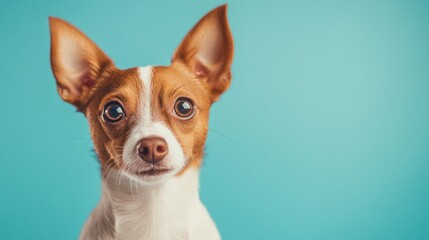 Wall Mural - A close-up portrait of a small dog with expressive eyes against a blue background.