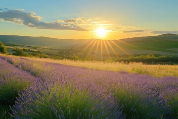 Sticker - A serene lavender field at sunset, showcasing vibrant colors and a peaceful landscape.