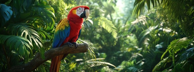 Wall Mural - A vibrant parrot perched on a branch in a lush tropical forest.