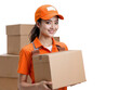 © artea_art - Female delivery staff wearing company uniform standing holding a parcel box, smiling face