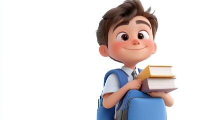 Poster - A cheerful boy with a backpack holds books, ready for school.