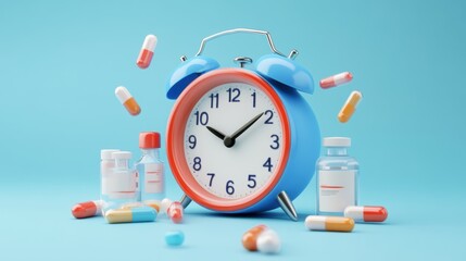 Wall Mural - 3d calendar marked date and time for reminder with pharmacy drug icon. Vaccination medical equipment, healthcare medicine. medical pharmacy medicament. 3d alarm clock icon vector render illustration