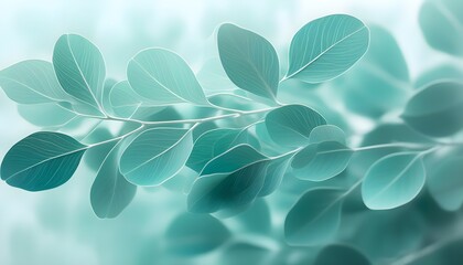 Wall Mural - Ethereal Closeup of Calming Eucalyptus Leaves in Soft Blue-Green Hue with Double Exposure for a Serene Spa Atmosphere