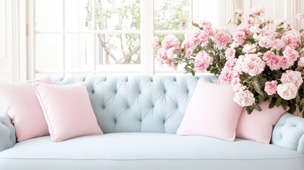 Elegant pastel living room with soft blue sofa and pink flowers near a sunny window