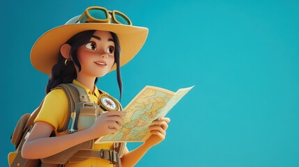 Canvas Print - A cheerful explorer reading a map, ready for an adventure in a vibrant setting.