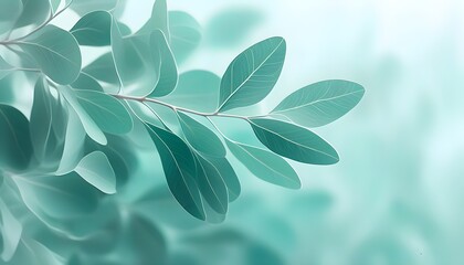 Wall Mural - Ethereal Closeup of Calming Eucalyptus Leaves in Soft Blue-Green Hue with Double Exposure for a Serene Spa Atmosphere