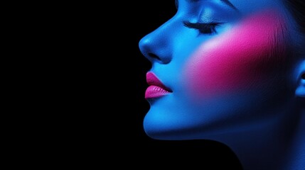 Wall Mural - A woman poses gracefully with striking blue and pink makeup accentuating her facial contours and expression, creating a captivating contrast in the dark background