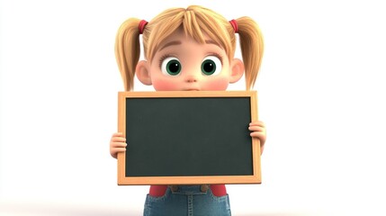 Wall Mural - A cartoon girl with pigtails holds a blank chalkboard, looking surprised or curious.