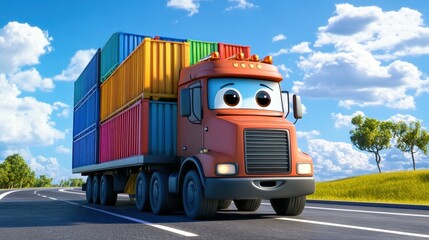 Sticker - A cheerful truck carrying colorful containers on a sunny road.