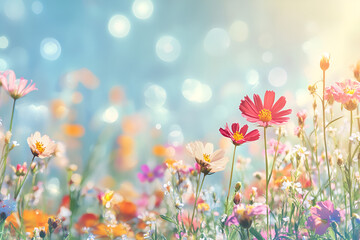 Colorful flower meadow with sunbeams and blue sky and bokeh lights in summer - nature background banner with copy space - summer greeting card wildflowers spring