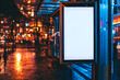 © Sweet_Harmony💙💛 - Blank white vertical digital billboard poster on city street bus stop sign at night. Street advertising bus stop mockup