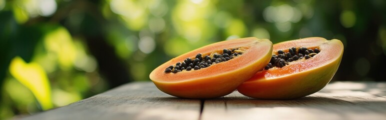 Wall Mural - A fresh papaya cut in half, showcasing its vibrant orange flesh and black seeds on a wooden surface.