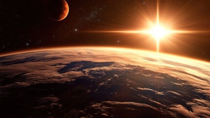 Wall Mural - a captivating view from space showcases earthвђ™s horizon illuminated by the sun, with a neighboring