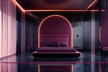 Canvas Print - luxury magenta bed in futuristic hotel room with sleek furniture featuring black and rust foam palette and elegant floor 