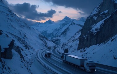 Sticker - Snowy mountain road with trucks navigating through a winter landscape at dusk.