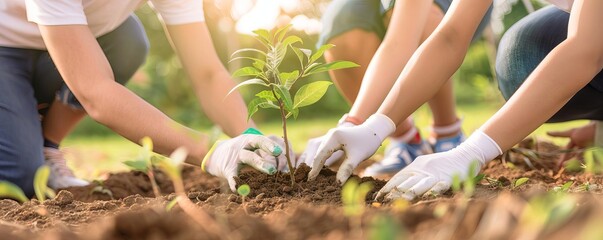 Group of people planting a tree together. Teamwork, environmentalism, sustainability.