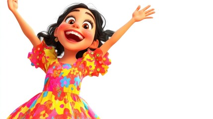 Wall Mural - A joyful animated character in a colorful floral dress, expressing happiness and excitement.