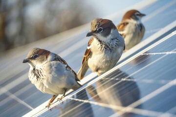 birds perched on solar panels, showcasing wildlife coexisting with renewable technology, solar farm,