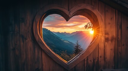 Wall Mural - Heart-shaped window revealing a scenic view of mountains and a sunset