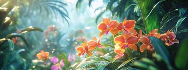 Poster - A vibrant scene of orange orchids amidst lush greenery in a misty environment.