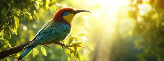 a vibrant bird perched on a branch, illuminated by soft sunlight in a lush environment.