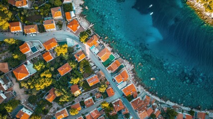 Canvas Print - Aerial View of Coastal Town with Turquoise Waters