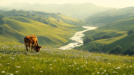 Wall Mural - A serene landscape featuring a cow grazing in a lush green meadow by a winding river.