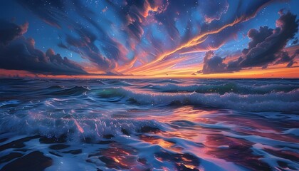 Wall Mural - Mystical Seascape of Ethereal Waves Beneath Dreamlike Skies with Vivid Colors and Surreal Lighting