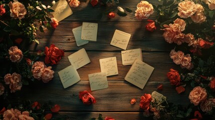 Sticker - Love letters scattered on a wooden table surrounded by flowers