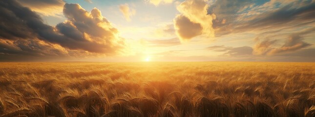 Wall Mural - A golden wheat field under a vibrant sunset, evoking tranquility and natural beauty.