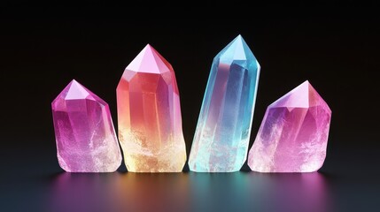 Wall Mural - four colorful crystals are displayed on a dark background
