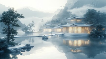 Wall Mural - Serene landscape featuring a tranquil waterway and traditional architecture.