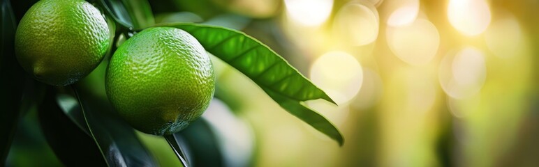 Wall Mural - Close-up of green citrus fruits on a tree with soft sunlight in the background.