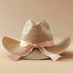 A straw cowboy hat adorned with a playful pink bow exudes charm.