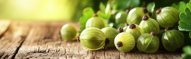 Wall Mural - Fresh green gooseberries on a wooden surface with leaves in a natural setting.