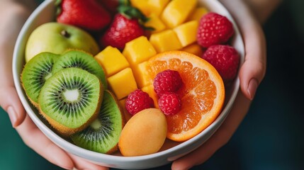 Wall Mural - Person snacking on fresh fruits as part of a balanced and healthy lifestyle