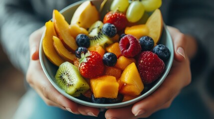 Wall Mural - Person snacking on fresh fruits as part of a balanced and healthy lifestyle