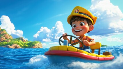 Poster - A cheerful boy in a captain's hat drives a colorful boat on a sunny day at sea.