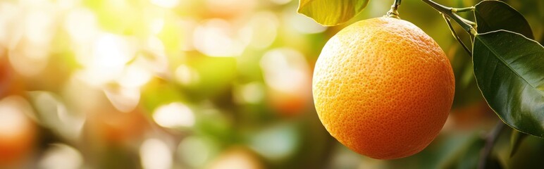 Wall Mural - A close-up of a ripe orange hanging from a tree branch, illuminated by soft sunlight.