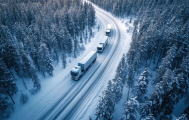 Sticker - Trucks navigating a snowy, winding road through a forested landscape.