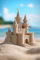 Wall Mural - Intricate sandcastle on the beach with a clear blue sky and gentle waves in the background