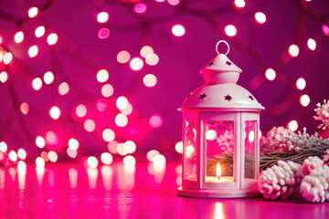 A whimsical lantern flickers softly amidst shimmering pink lights and delicate winter decorations at an enchanting holiday gathering. Generative AI