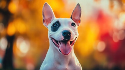 Wall Mural - A joyful dog with a playful expression against a vibrant autumn background.