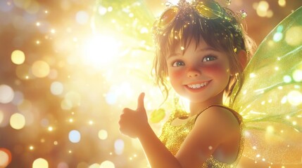 Sticker - A cheerful fairy girl with sparkling wings gives a thumbs up in a magical, glowing setting.