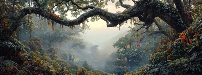 Wall Mural - Lush forest landscape with misty atmosphere and vibrant foliage.