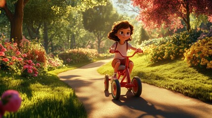 Canvas Print - A young girl joyfully rides a tricycle along a picturesque, flower-filled path.