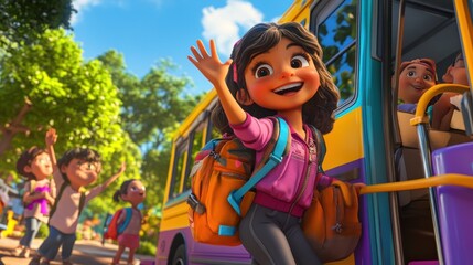 Poster - A cheerful girl waves goodbye as she boards a colorful school bus with friends nearby.